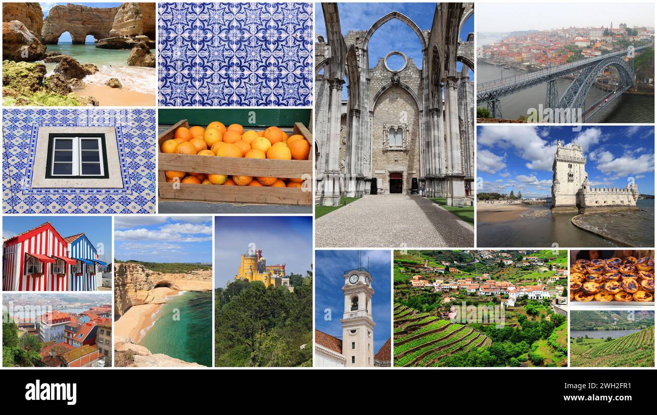 Collage di viaggio in Portogallo. Cartolina con set di foto per destinazioni di viaggio. Foto Stock