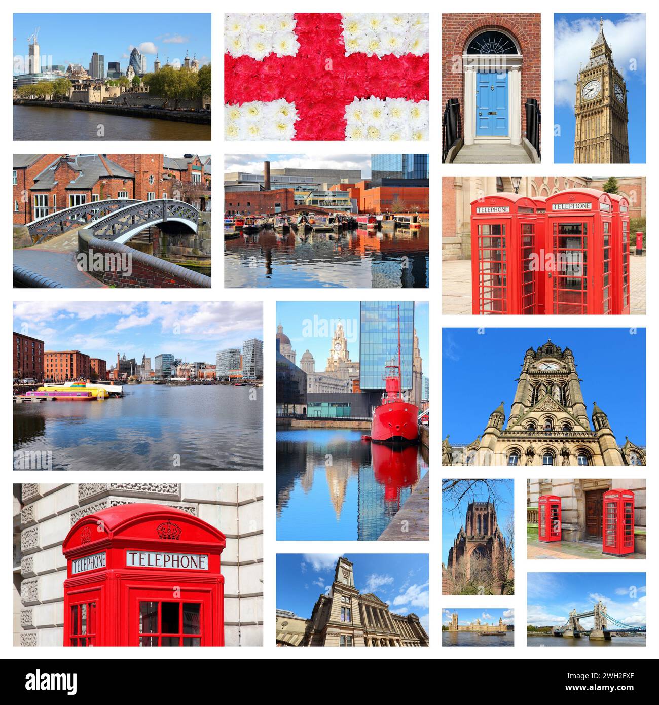 Inghilterra, Regno Unito colloca collage fotografico. Collage include le principali città come Londra, Birmingham, Manchester, Liverpool e Bolton. Foto Stock