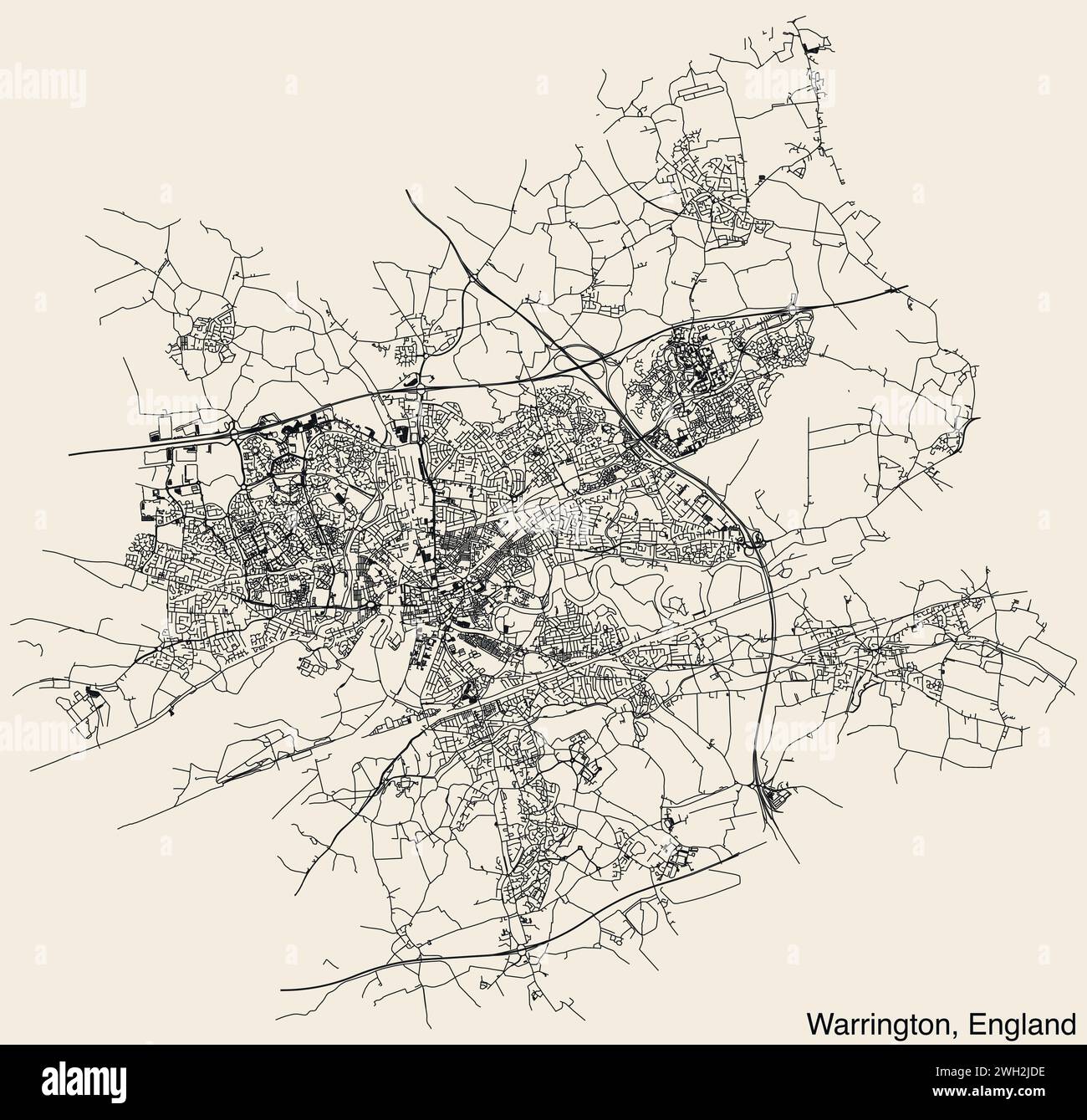 Strade stradali cartina della città britannica di WARRINGTON, INGHILTERRA Illustrazione Vettoriale