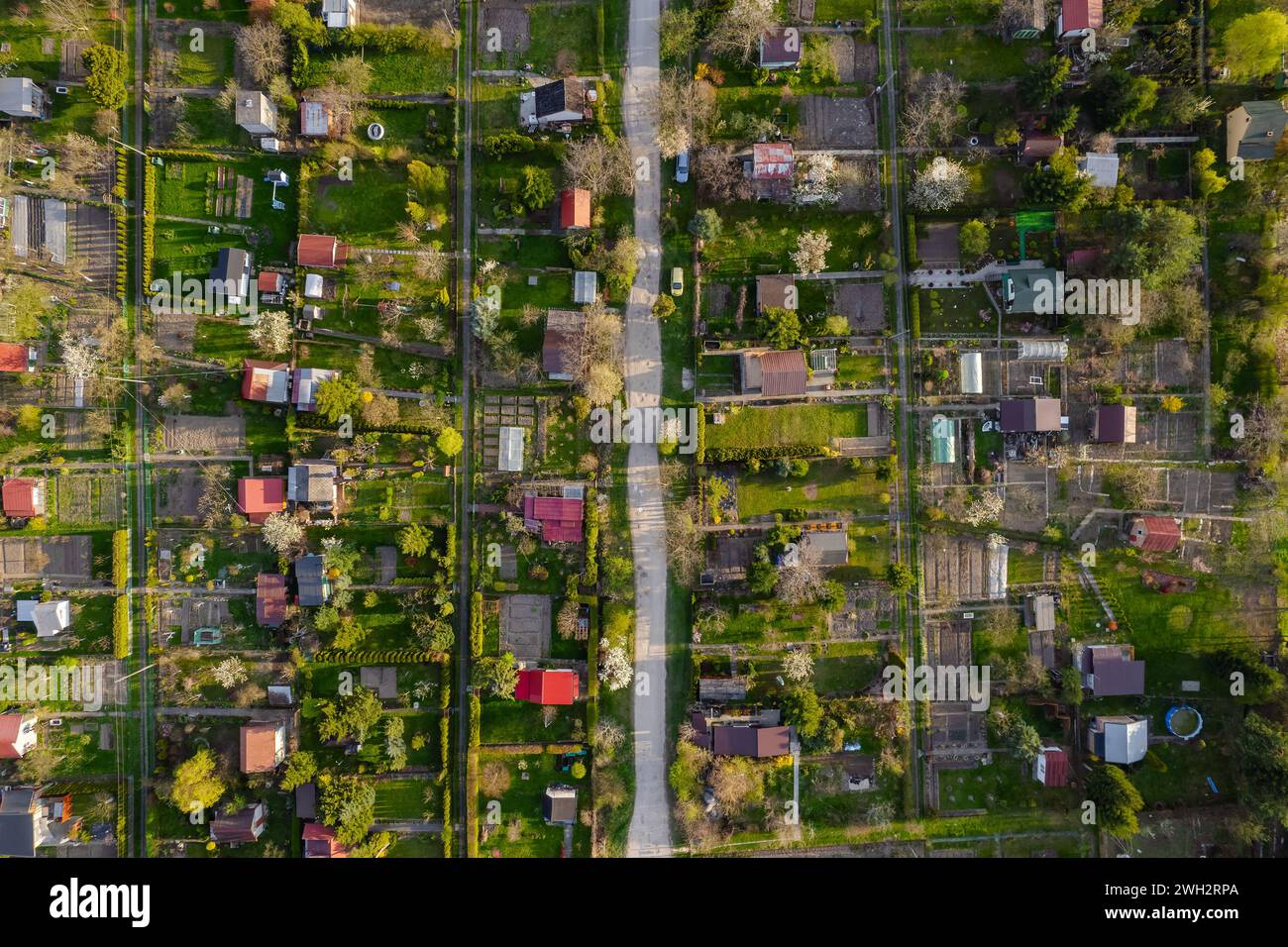 Vista aerea dall'alto verso il basso dei tradizionali giardini dzialki in Polonia Foto Stock
