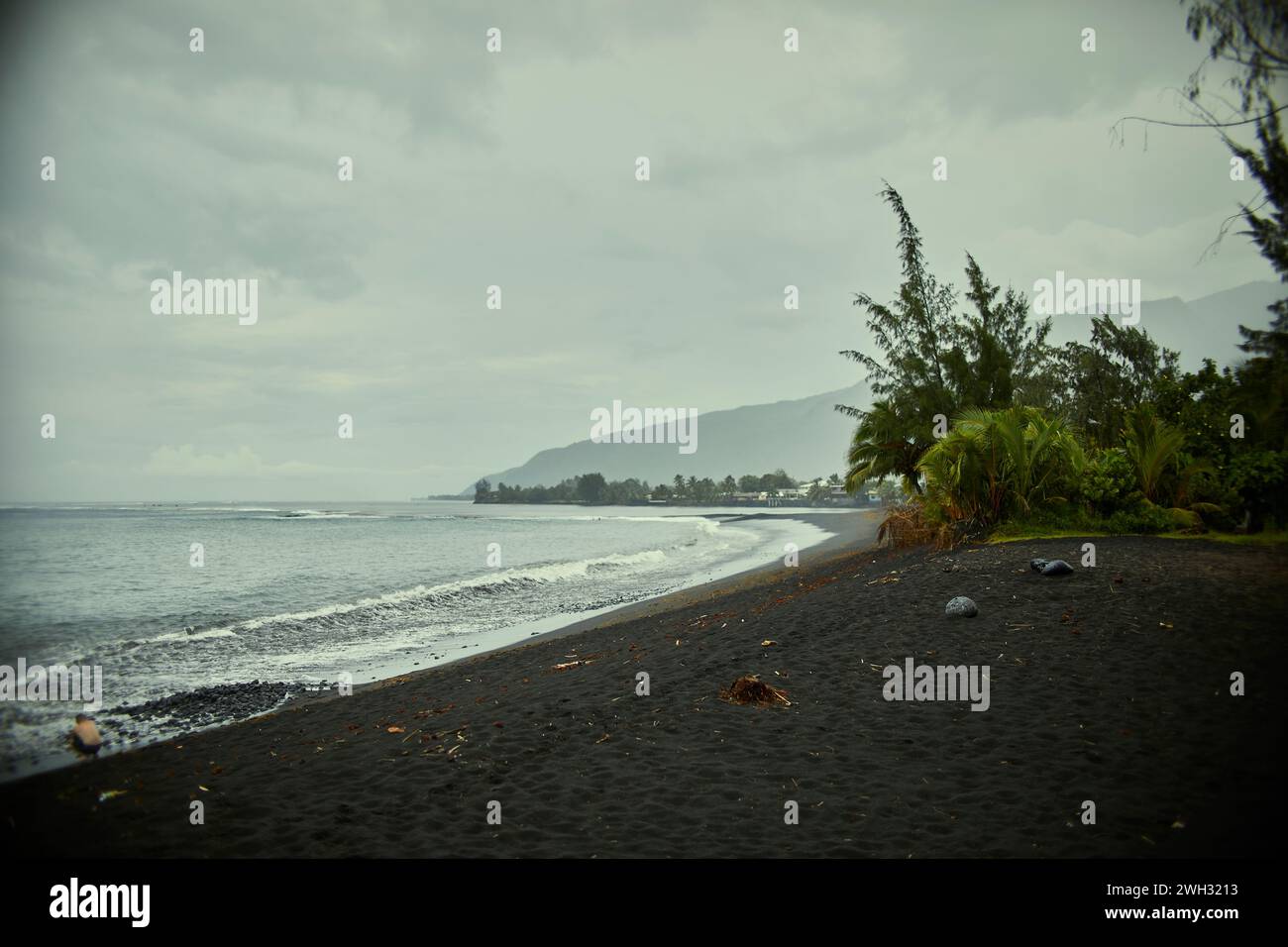 Spiaggia di sabbia nera su un'isola tropicale Foto Stock