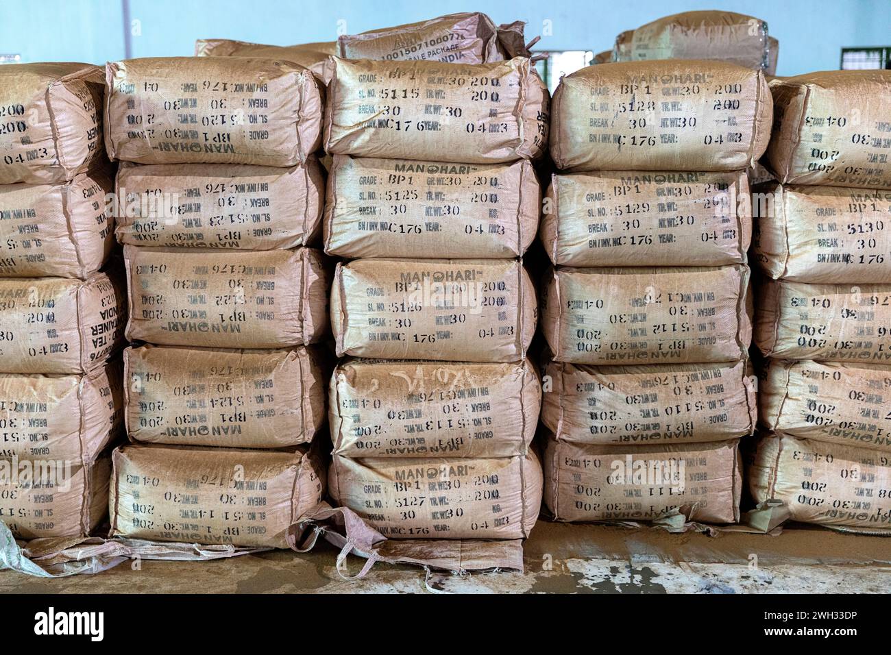 Un grande pila di massicci sacchi di iuta pieni di foglie di tè lavorate accatastati in un magazzino di una fabbrica nella regione dell'Assam, India. Foto Stock