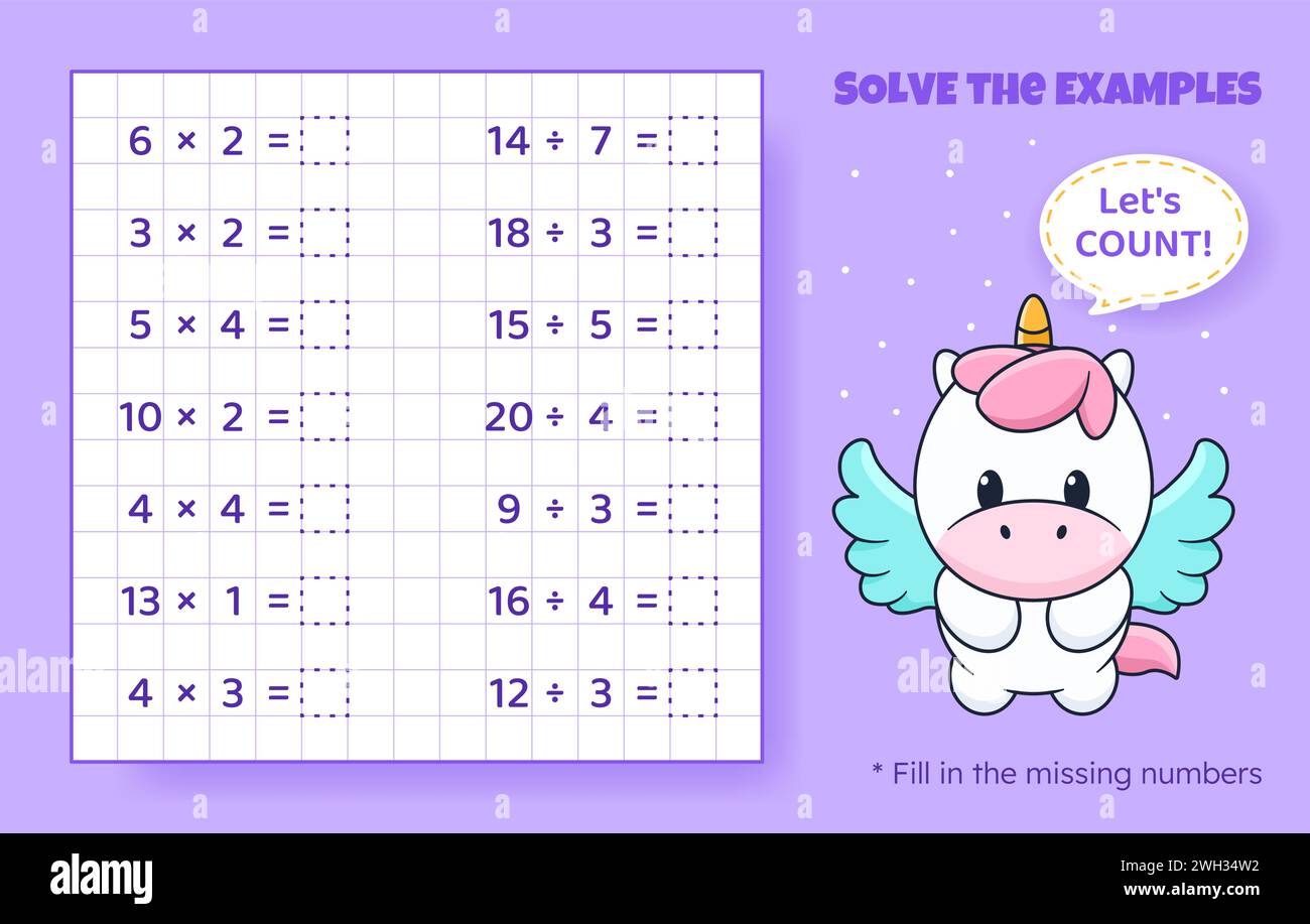 Gioco di matematica per bambini. Moltiplicazione e divisione. Illustrazione Vettoriale
