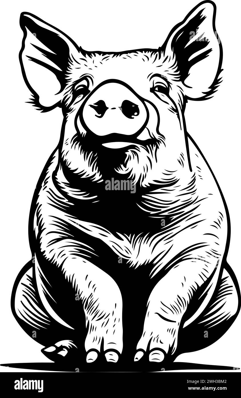 Una linea della vista anteriore che disegna uno schizzo in inchiostro bianco e nero di un maialino grasso seduto a terra direttamente di fronte alla telecamera Illustrazione Vettoriale