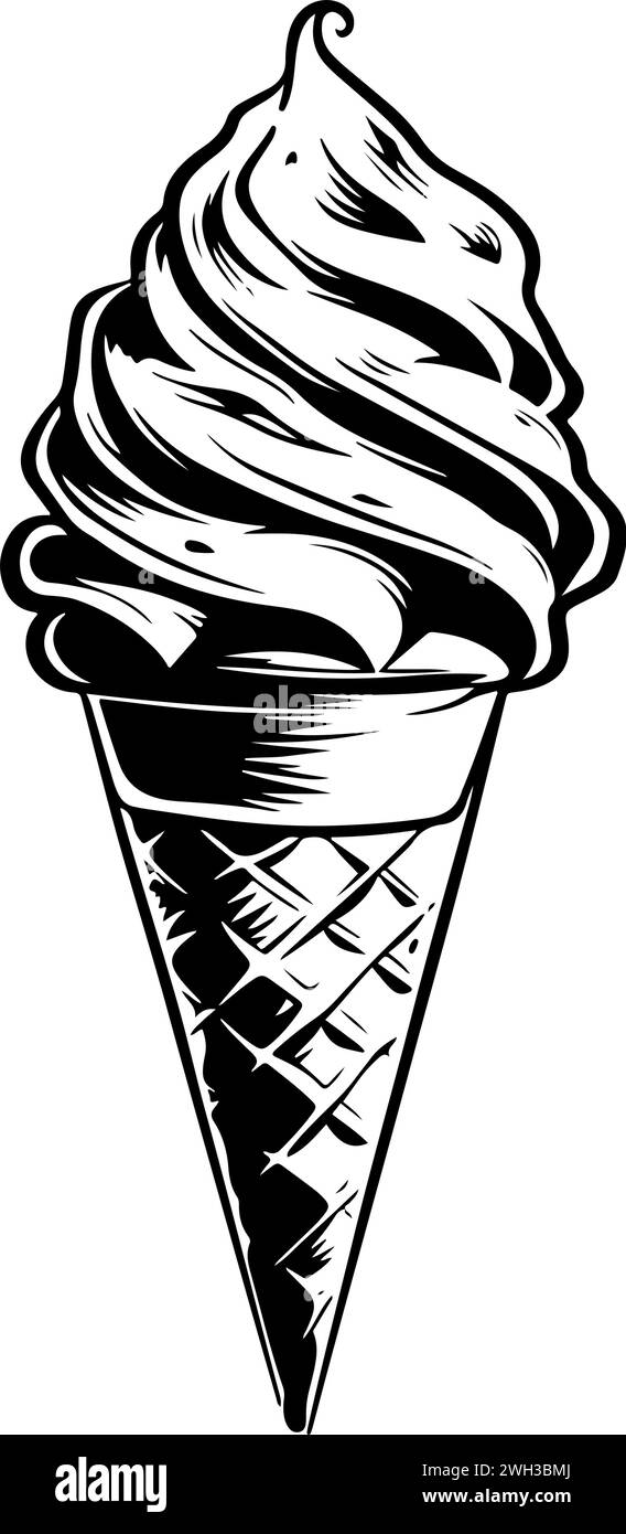 Una linea che disegna uno schizzo in inchiostro bianco e nero di un cono gelato Illustrazione Vettoriale