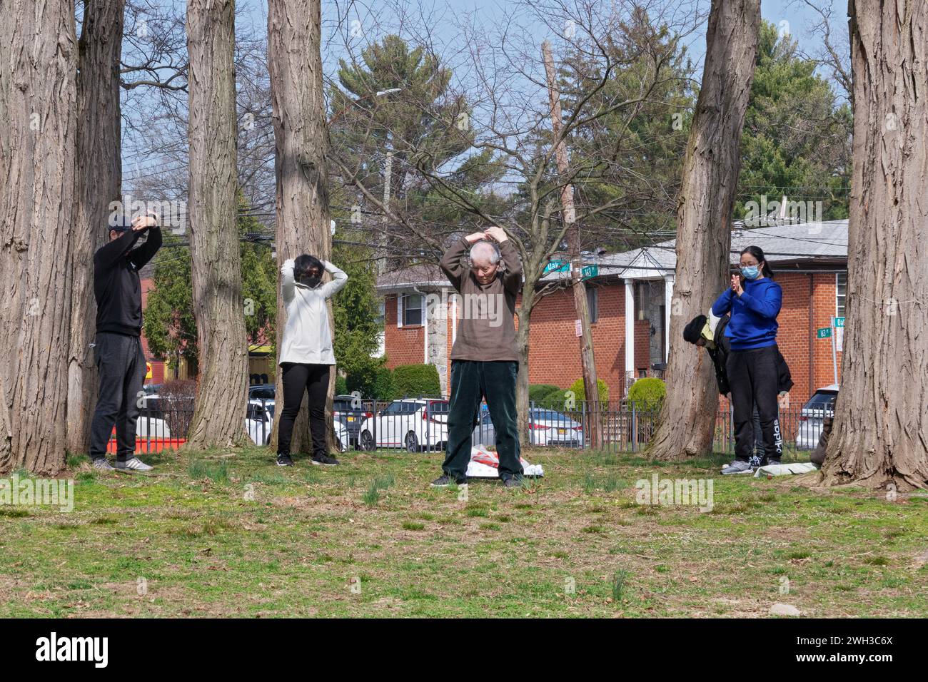 Un uomo asiatico-americano, probabilmente a ottant'anni, guida un piccolo gruppo di giovani nel Falun Gong, esercizi di movimento lento in un parco nel Queens, New York. Foto Stock