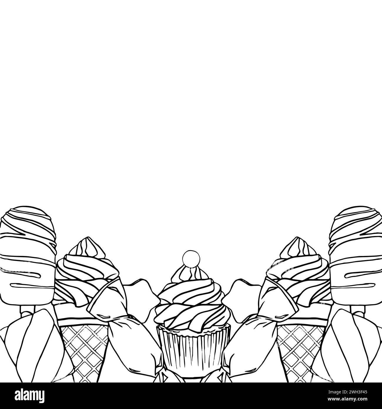 Illustrazione del bordo di caramelle dolci, muffin, gelati. Dolci di pasticceria. Disegnato a mano. Un'incisione in stile vintage. Disegnare per Illustrazione Vettoriale