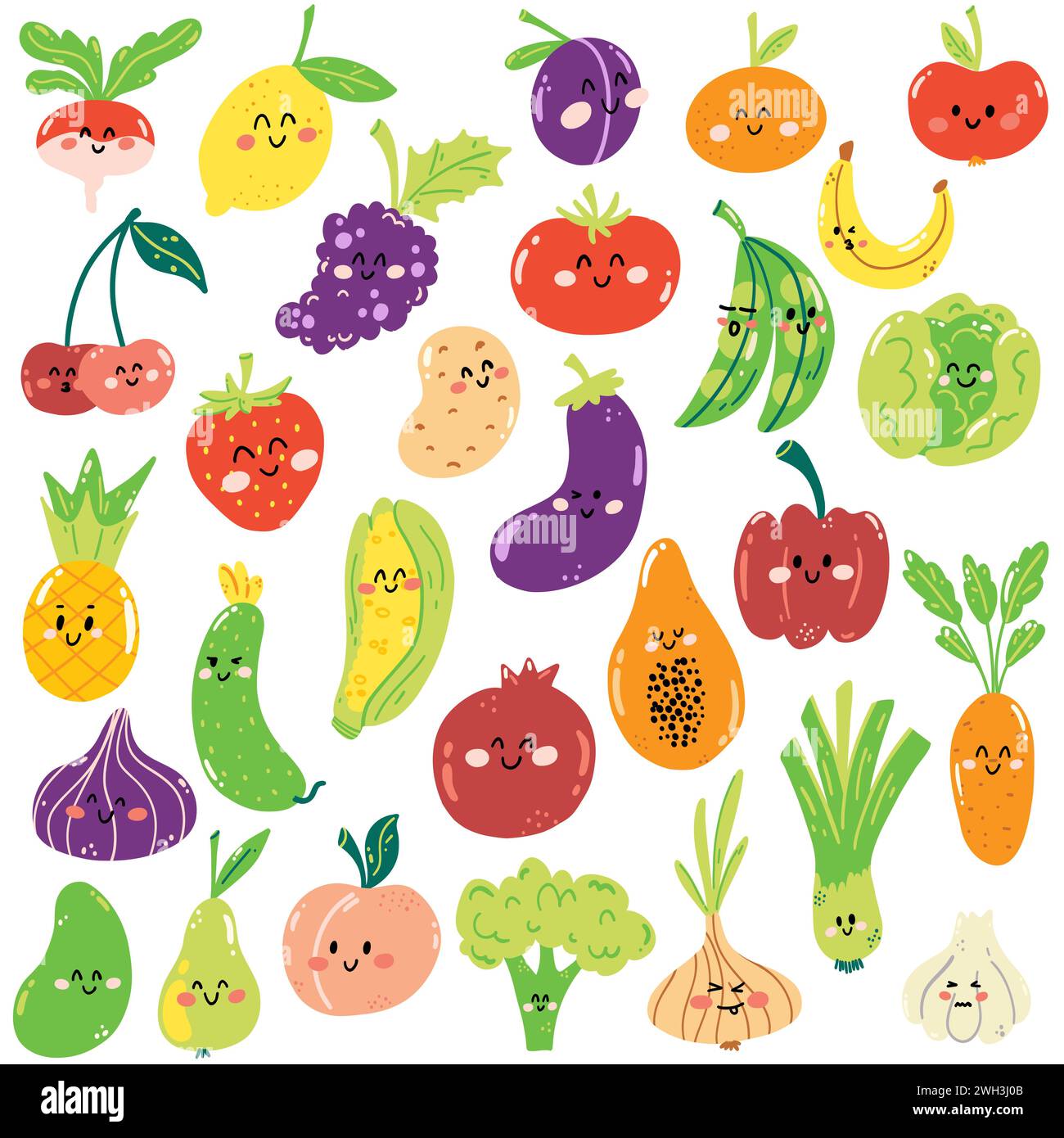 Set di frutta e verdura disegnate a mano in stile kawaii. Cibo sano e fresco pieno di vitamine, simpatici personaggi per bambini. Illustrazione Vettoriale