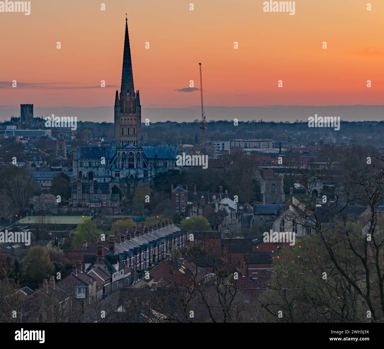 Tramonto sulla città di Norwich. Foto Stock