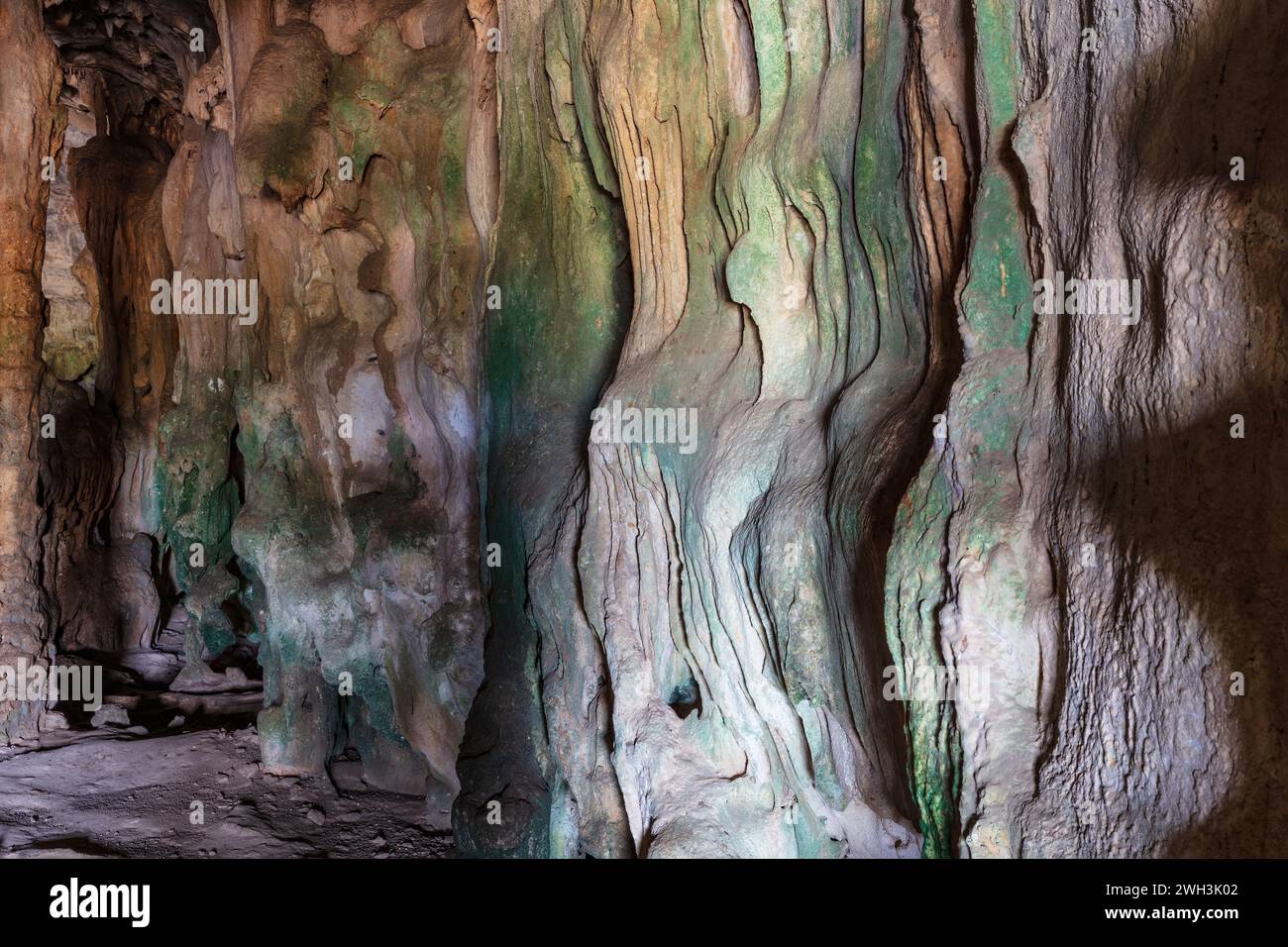 Parete di grotta vicino all'ingresso della grotta di Fontein, Parco Nazionale di Arikok, Isola di Aruba. Superficie in pietra ondulata e irregolare; varietà di colori. Foto Stock