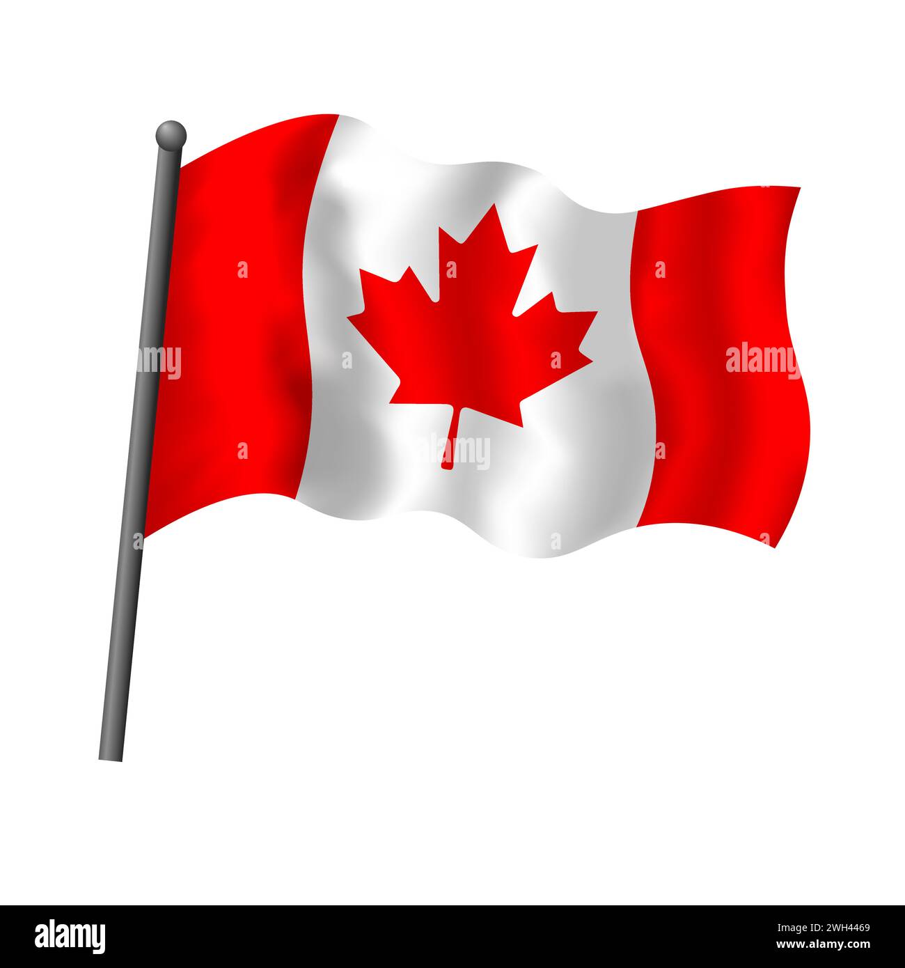 Bandiera del Canada sull'asta di bandiera che sventola in vento. Bandiera canadese con emblema in foglia d'acero illustrazione di oggetti isolati vettoriali. Illustrazione Vettoriale