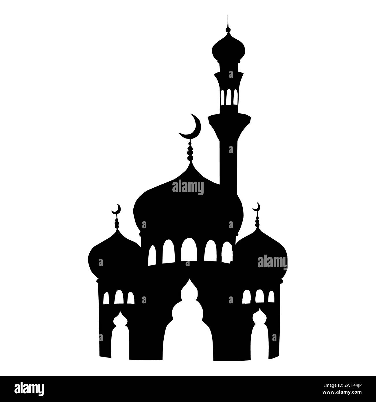 Sagoma della moschea islamica e del minareto con illustrazione a mezzaluna isolata su sfondo bianco. Festa musulmana disegnata a mano Ramadan Kareem o Eid Foto Stock