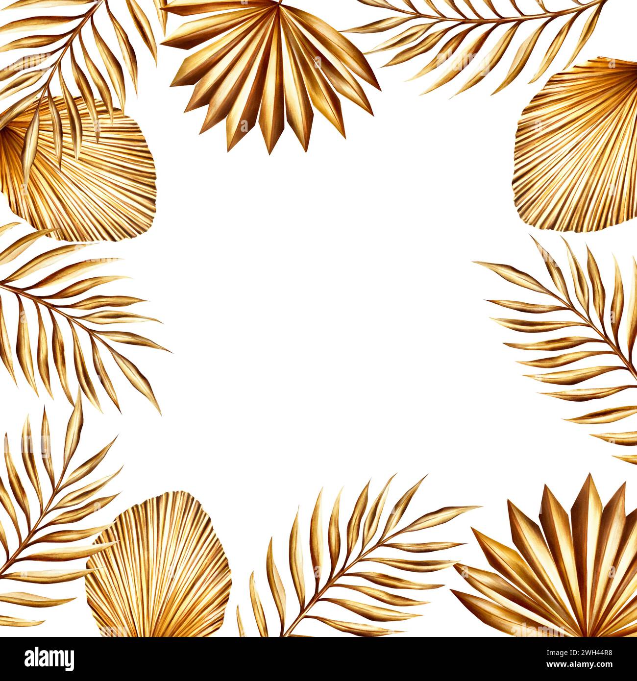 Cornice ad acquerello, modello con erba di pampas dorata, illustrazione del ramo del palmo da dattero isolata su sfondo bianco. Botanico e matrimonio e Ramadan Kar Foto Stock