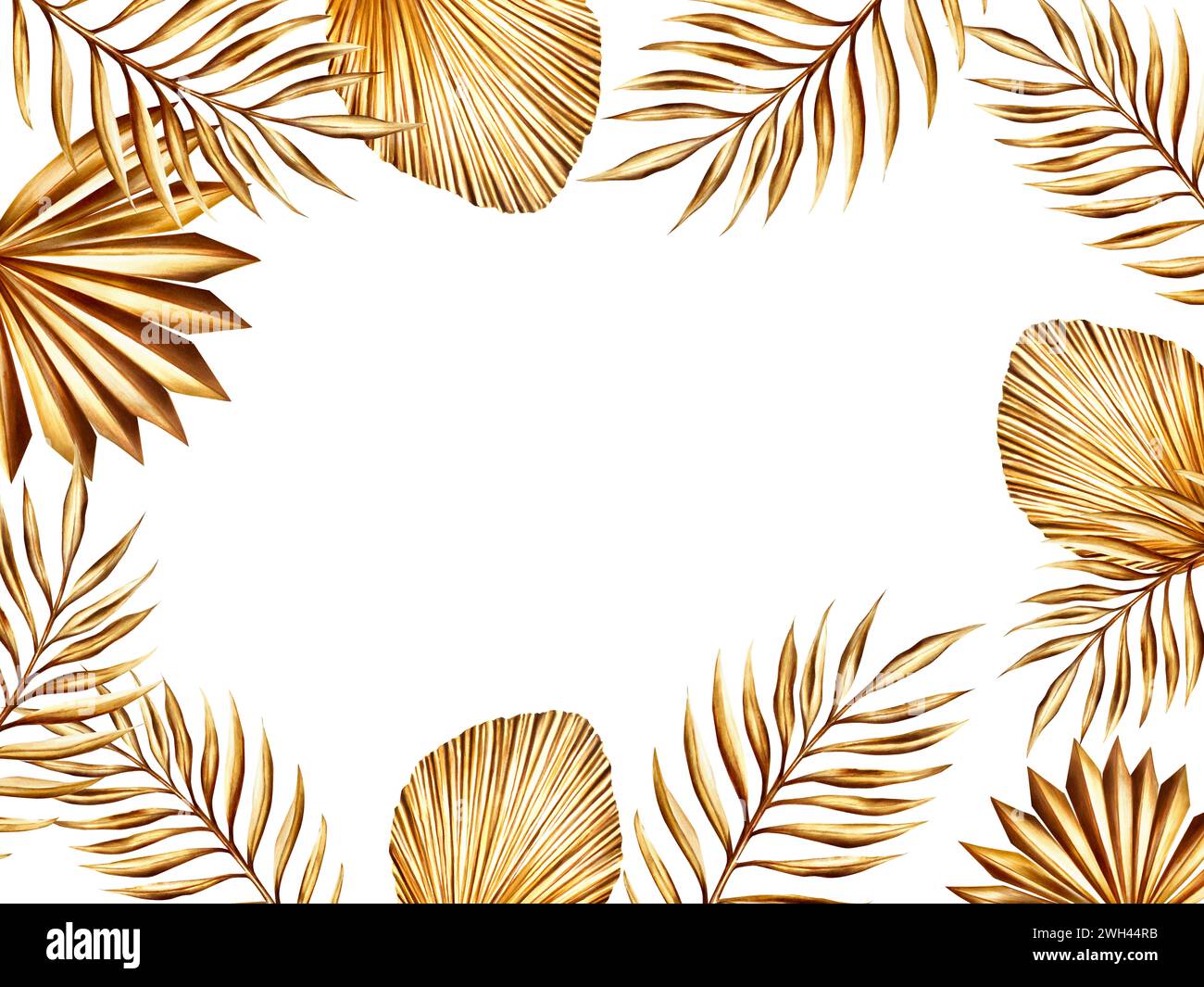 Cornice ad acquerello, modello con erba di pampas dorata, illustrazione del ramo del palmo da dattero isolata su sfondo bianco. Botanico e matrimonio e Ramadan Kar Foto Stock