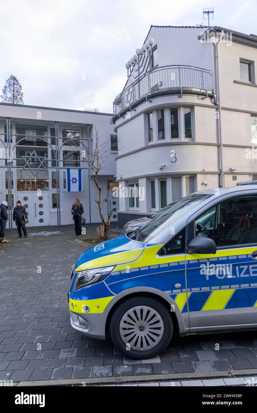 La sinagoga ebraica di Recklinghausen, pattuglia della polizia, protezione della polizia, NRW, Germania, Foto Stock