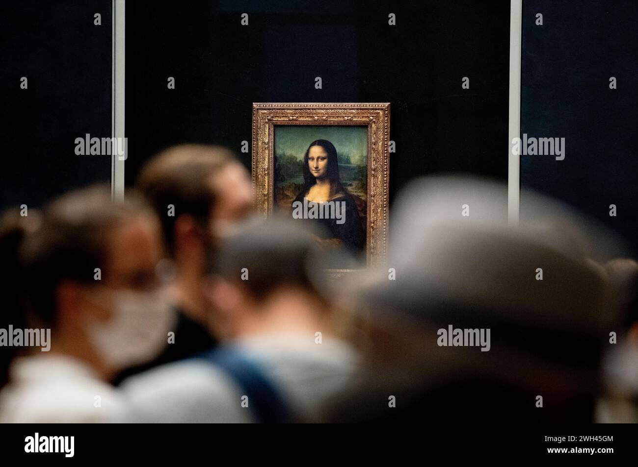 I visitatori si allineano per ammirare il famoso dipinto ad olio della Monna Lisa di Leonardo da Vinci al Louvre di Parigi Foto Stock
