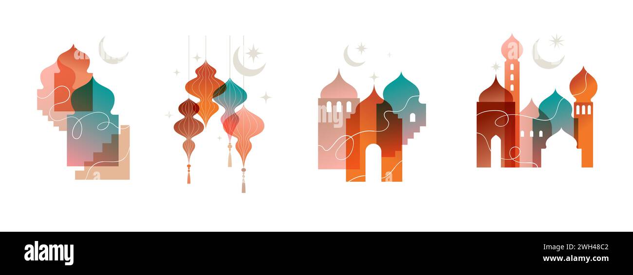 Collezione di disegni colorati Ramadan Mubarak in stile moderno. Biglietto d'auguri, sfondo. Finestre e archi con luna, cupola della moschea e lanterne Illustrazione Vettoriale