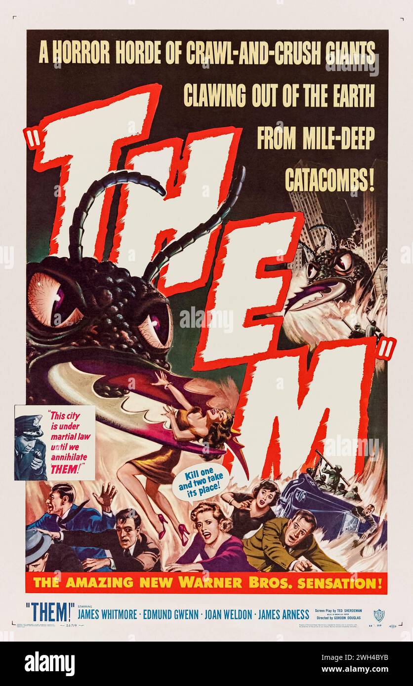 Loro! (1954) diretto da Gordon Douglas e interpretato da James Whitmore, Edmund Gwenn e Joan Weldon. I primi test atomici nel New Mexico fanno sì che le formiche comuni mutino in giganti mostri mangiatori di uomini che minacciano la civiltà. Fotografia di un poster originale in lino completamente restaurato del 1954 US a un foglio. ***SOLO PER USO EDITORIALE*** credito: BFA / Collezione privata / Warner Bros Foto Stock