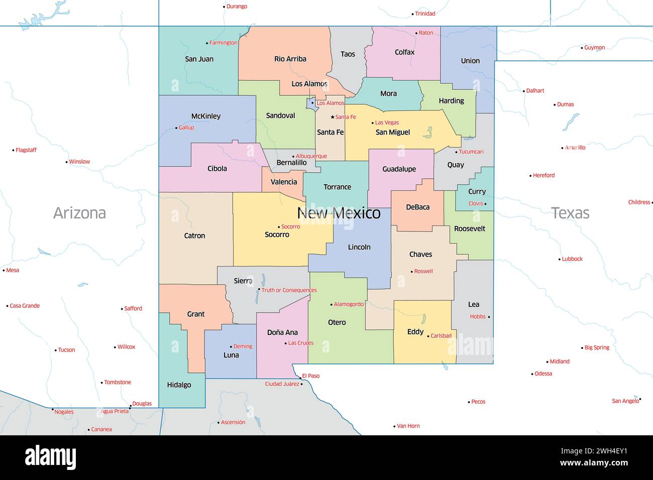Colorata mappa politica delle contee che compongono lo stato del New Mexico situato negli Stati Uniti. Foto Stock