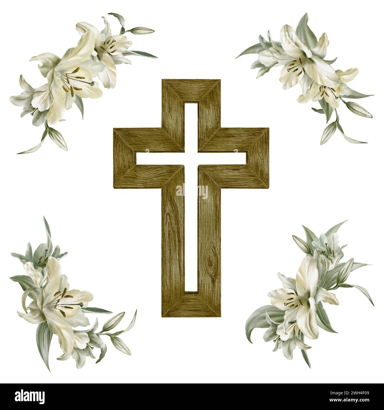 Croce cristiana in legno con composizioni di fiori di giglio bianchi. Il simbolo cattolico o ortodosso dipinto a mano per la prima comunità, il battesimo e la Pasqua Foto Stock