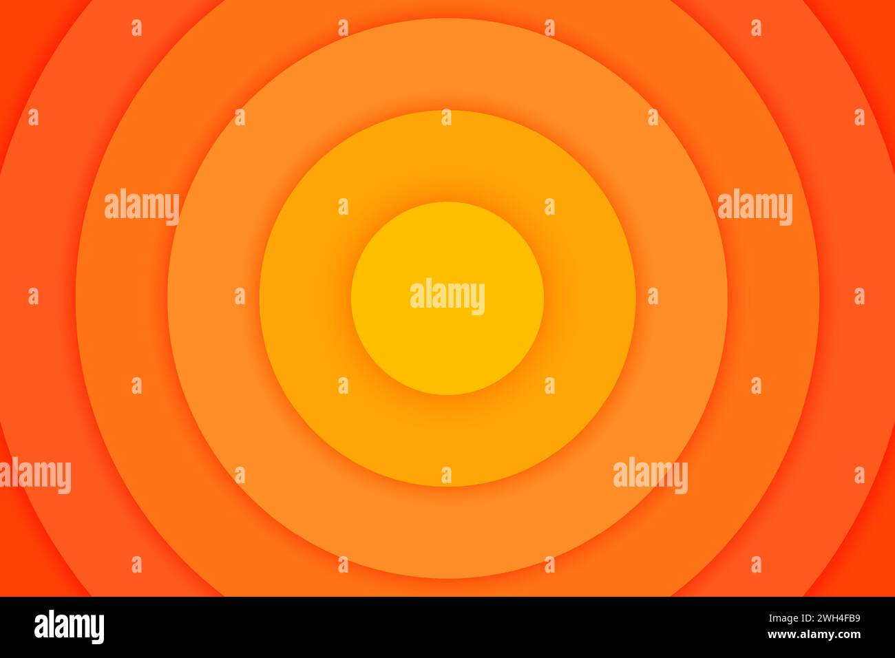 Banner cerchi concentrici arancioni. Sole, luce solare, alba, sfondo del sole. Increspature, impatto, epicentro, radar, target, sfondo sonar wave. Illustrazione vettoriale con effetto di taglio della carta. Illustrazione Vettoriale