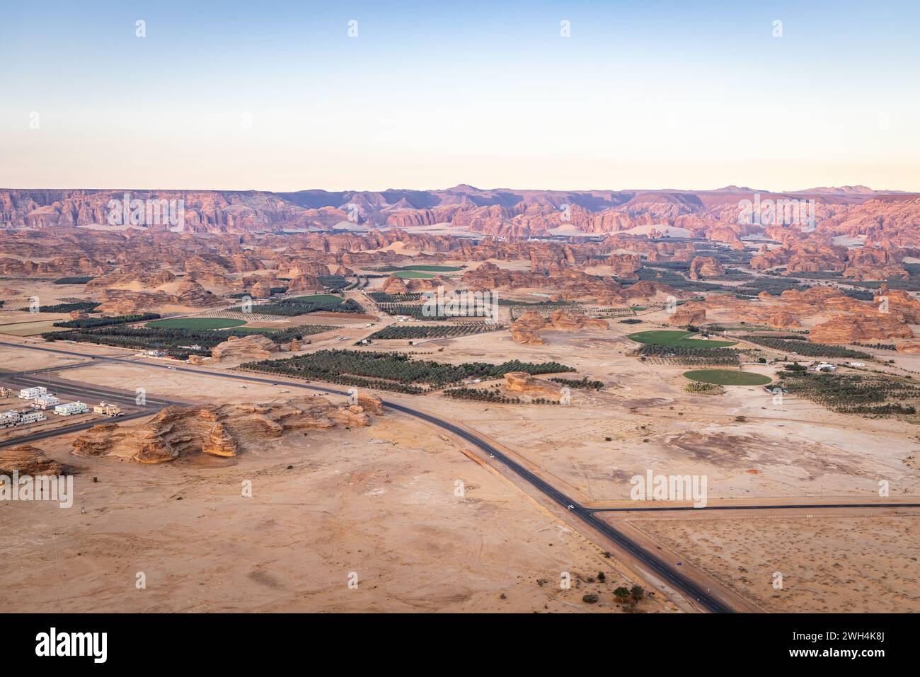 Medio Oriente, Arabia Saudita, Medina, al-Ula. Dattero a un allevamento di palme nel deserto saudita, visto da una mongolfiera. Foto Stock