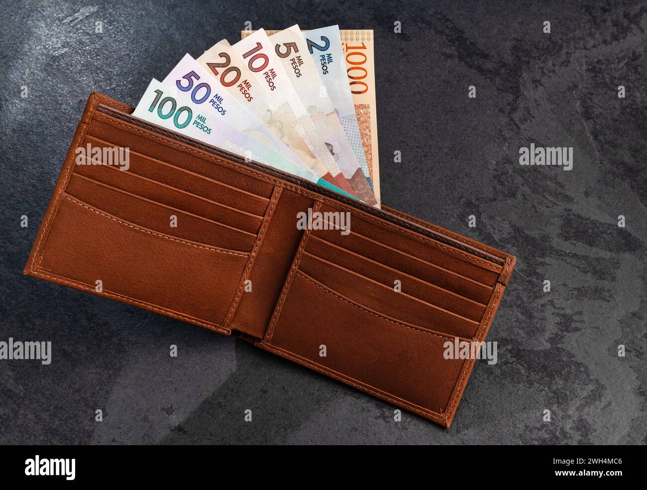 Valuta cartaria colombiana in tutti i tagli - banconote nel portafoglio Foto Stock