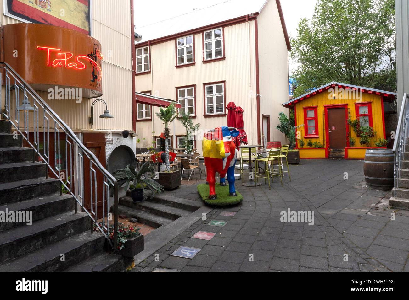 Edifici residenziali colorati, caffetterie e Street art a Reykjavik, Islanda. Foto Stock