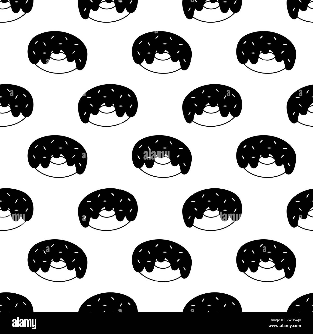 Motivo vettoriale senza cuciture con glassa di ciambelle e spruzzi su sfondo bianco. Modello semplice nero Doodle. Illustrazione piatta. Illustrazione Vettoriale