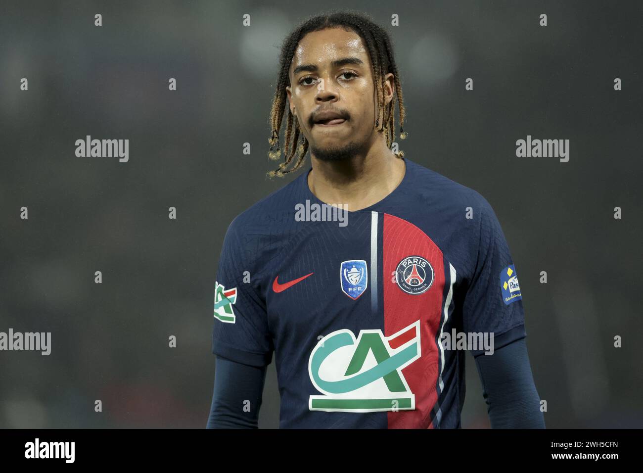 Bradley Barcola del PSG durante la Coppa di Francia, turno di 16 partite di calcio tra il Paris Saint-Germain (PSG) e lo Stade Brestois 29 (Brest) il 7 febbraio 2024 allo stadio Parc des Princes di Parigi Foto Stock