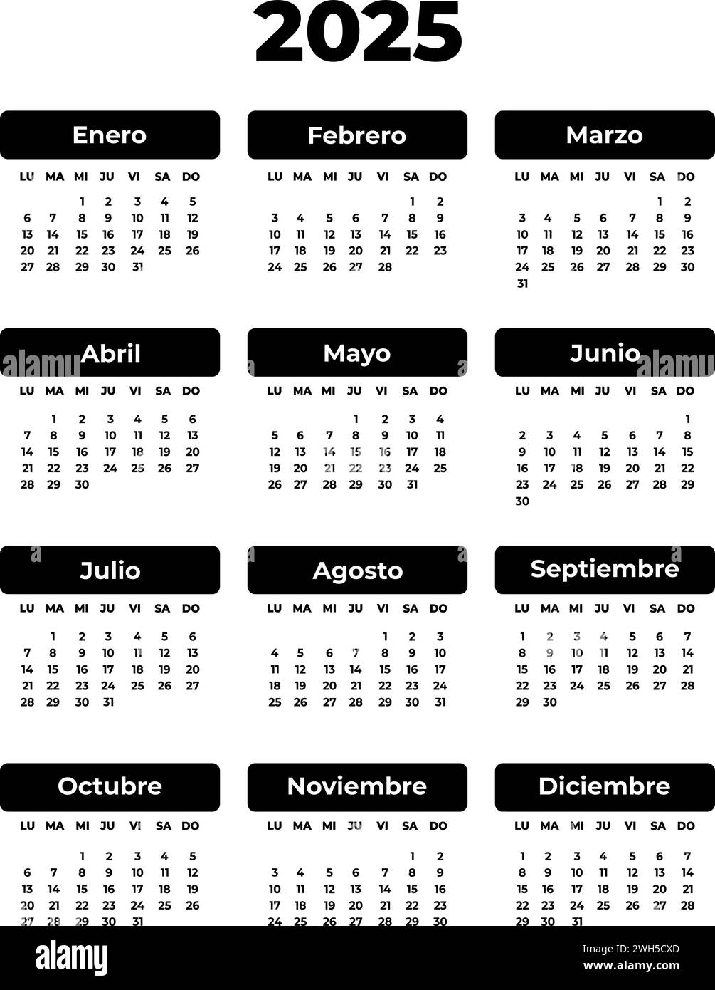 Calendario nero rettangolare verticale spagnolo per 2025 anni. Caratteri grandi in grassetto. Immagine vettoriale isolata. Modello illustrativo per design, planner Illustrazione Vettoriale