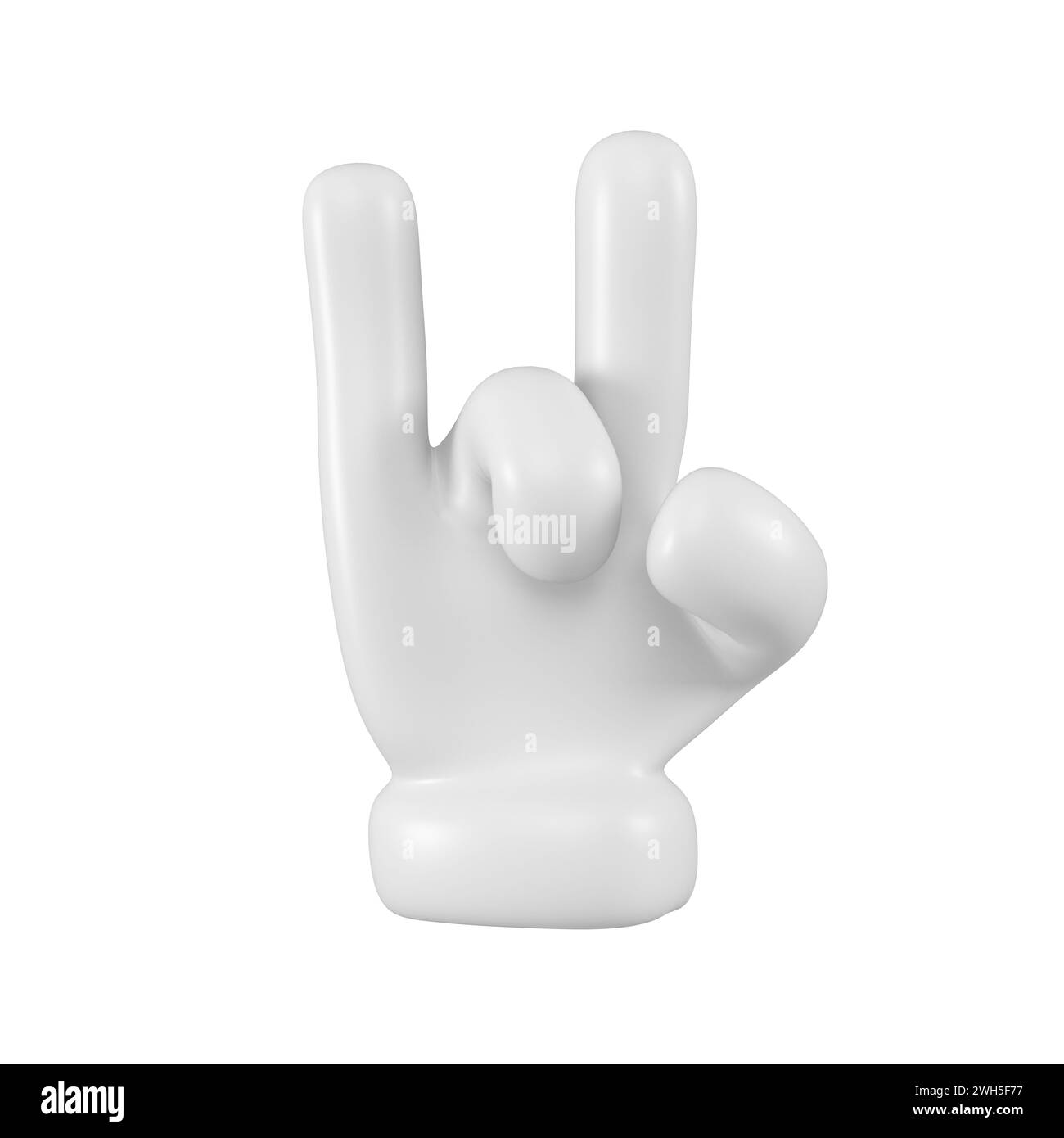 La mano carina dell'emoji bianca mostra un gesto di capra isolato. Simbolo roccia , icona e simbolo. rendering 3d. Foto Stock