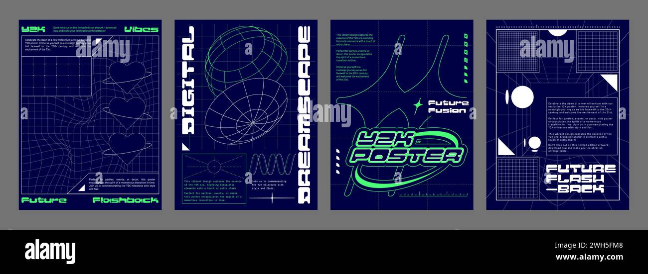 Set di modelli per volantini con atmosfera retrò futuristica. Illustrazione vettoriale di poster estetici y2k, banner in stile retroWave con forme geometriche, prospettiva wireframe, segno cardiaco, testo su sfondo blu Illustrazione Vettoriale