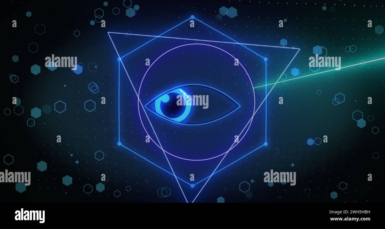 Immagine delle forme e dell'icona occhio su sfondo nero Foto Stock