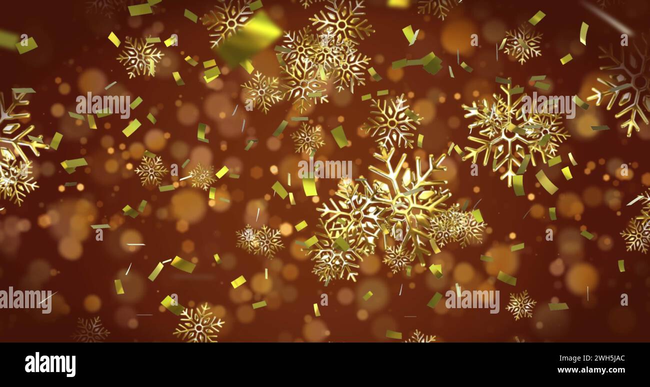Immagine di stelle d'oro natalizie e coriandoli che cadono su sfondo marrone Foto Stock