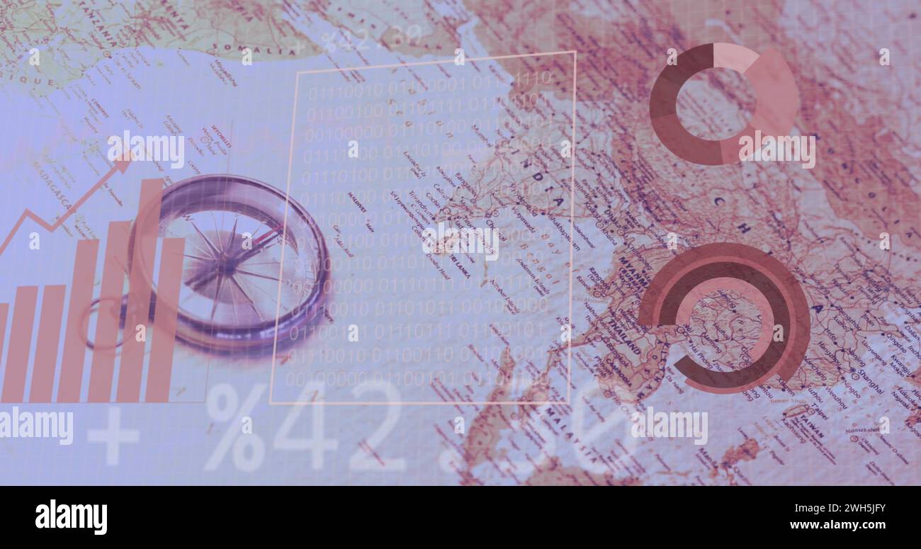 Immagine delle statistiche e dell'elaborazione dei dati sulla mappa dell'asia Foto Stock