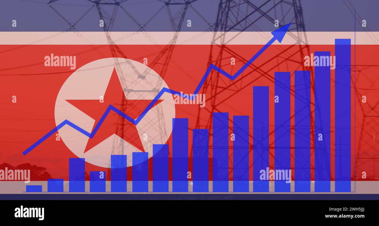 Immagine delle statistiche e dell'elaborazione dei dati sulla bandiera della corea del Nord Foto Stock