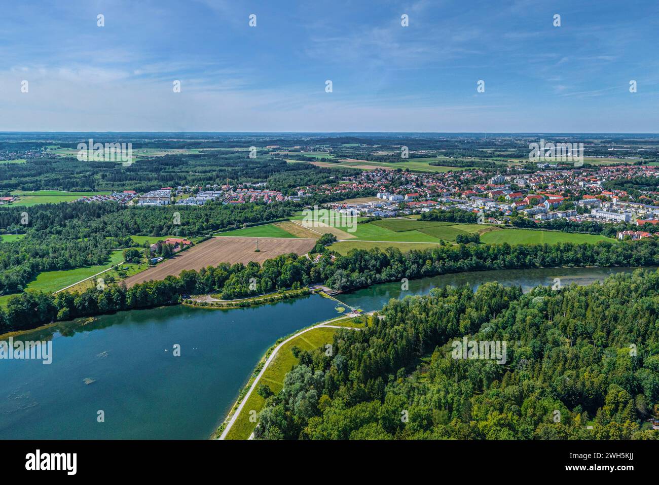 Prendi l'aereo per il Pössiner Au su Lech, un'area ricreativa vicino a Landsberg in Baviera Foto Stock
