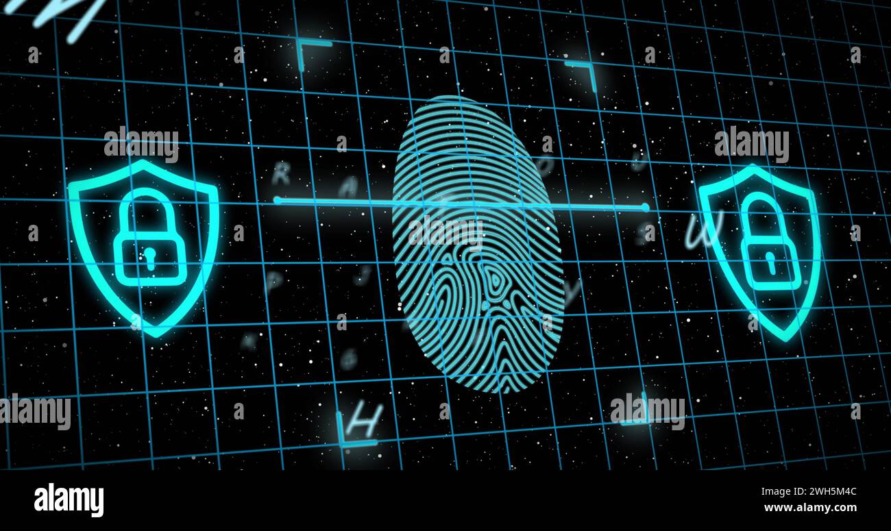 Immagine di impronte digitali e lettere su sfondo nero Foto Stock