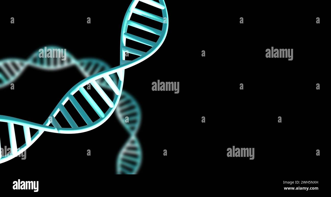 Immagine di filamenti di dna che girano con tracce luminose luminose su sfondo scuro Foto Stock