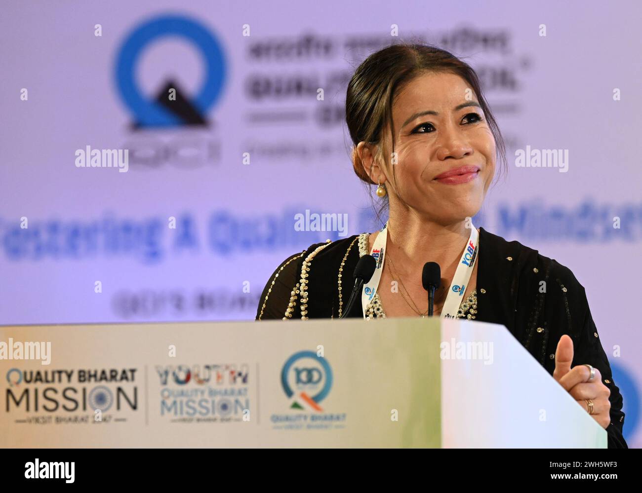 India. 7 febbraio 2024. NEW DELHI, INDIA - 7 FEBBRAIO: Mary Kom Indian Olympic Boxer si rivolge ai giovani durante lo YOBF Youth for Quality Bharat Festival Viksit Bharat 2047 a Bharat Mandapam, il 7 febbraio 2024 a nuova Delhi, India. (Foto di Sonu Mehta/Hindustan Times/Sipa USA) credito: SIPA USA/Alamy Live News Foto Stock