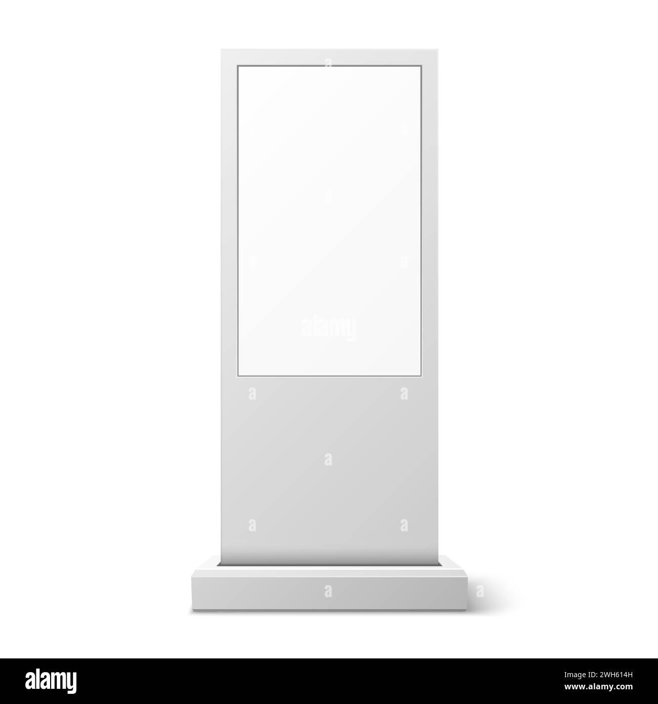 Chiosco touch screen, mockup bianco per esterni. Moderno display interattivo vettoriale 3d realistico. Scheda informativa digitale, terminale self-service, soluzione versatile ed elegante per l'accessibilità degli utenti Illustrazione Vettoriale