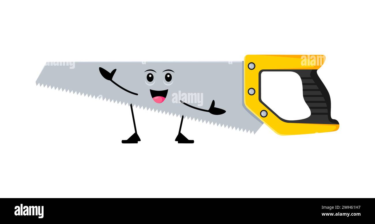 Cartoon Funny ha visto fai da te, costruire e riparare il personaggio degli strumenti. Strumento di falegnameria vettoriale isolato con un sorriso malizioso, pronto per avventure vivaci, aggiungendo umorismo a qualsiasi storia di Toolbox Illustrazione Vettoriale