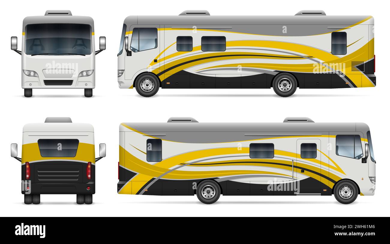 Mockup vettoriale avvolgente per camper su bianco per il branding dei veicoli e l'identità aziendale. Vista laterale, anteriore e posteriore. Illustrazione Vettoriale