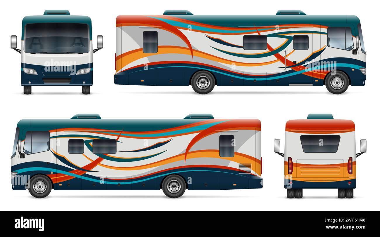 Mockup vettoriale avvolgente per camper su bianco per il branding dei veicoli e l'identità aziendale. Vista laterale, anteriore e posteriore. Illustrazione Vettoriale