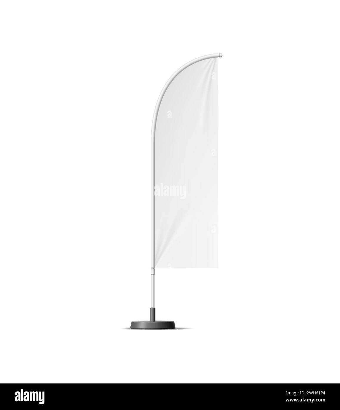 Stativo per striscioni realistico, mockup bianco con bandiera da spiaggia, che mostra versatilità e stile. Display 3d vettoriale moderno e simile a una piuma per progetti commerciali personalizzabili che catturano l'attenzione Illustrazione Vettoriale