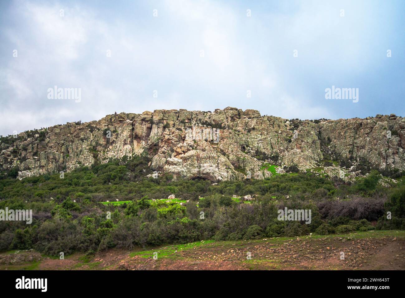 Un affascinante scenario montano caratterizzato da un'area rocciosa adornata di cespugli, che mostra la bellezza aspra e il fascino naturale del terreno montuoso Foto Stock