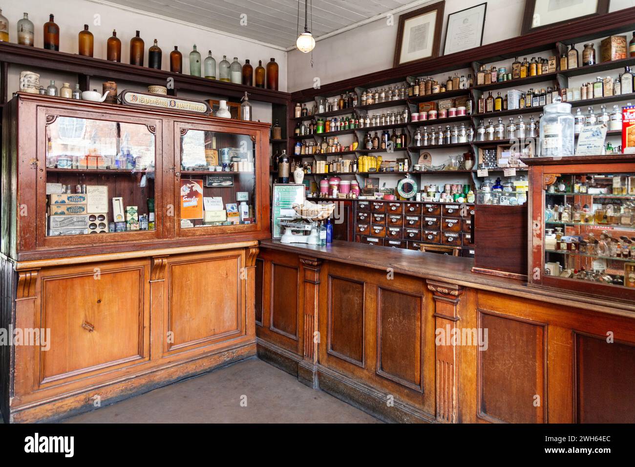 Scaffali con farmaci in un vecchio stile chimico vittoriano (Emily Doo's Chemist Shop), Black Country Living Museum, Dudley, Inghilterra Foto Stock