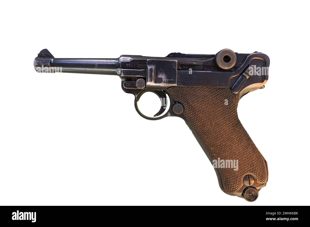 Un primo piano del Pistole Parabellum su sfondo bianco Foto Stock