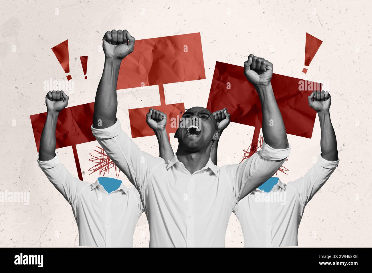 Collage fotografico foto creativi colleghi che mostrano i diritti dimostrativi hanno dei cartelli proclama contro i colleghi senza testa Foto Stock